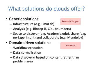 What solutions do clouds offer?
• Generic solutions:                 Research Support
  – Infrastructure (e.g. EmuLab)
  – Analysis (e.g. Biocep-R, CloudNumbers)
  – Space to discover (e.g. Academia.edu), share (e.g.
    myExperiment) and collaborate (e.g. Mendeley)
• Domain-driven solutions:
                                        Research
  – Workflow execution
  – Data normalisation
  – Data discovery, based on content rather than
    problem area
 