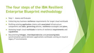 The four steps of the IBM Resilient
Enterprise Blueprint methodology
 Step 1 – Assess and Evaluate
 Collecting key business resilience requirements for target cloud workloads
 Profiling existing application chains with associated infrastructure
components and data, governing policies, resilience strategies and plans.
 Assessing target cloud workloads in terms of resilience requirements and
capabilities
 Documenting linkages, interdependencies and processing/data
synchronization points between applications workloads running on cloud or
legacy IT environments
 