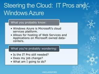 What is Cloud Computing?  Service Categories(On-Premise)Infrastructure(as a Service)Platform(as a Service)Software(as a Service)You manageApplicationsApplicationsApplicationsApplicationsYou manageDataDataDataDataRuntimeRuntimeRuntimeRuntimeManaged by vendorMiddlewareMiddlewareMiddlewareMiddlewareYou manageManaged by vendorO/SO/SO/SO/SManaged by vendorVirtualizationVirtualizationVirtualizationVirtualizationServersServersServersServersStorageStorageStorageStorageNetworkingNetworkingNetworkingNetworking