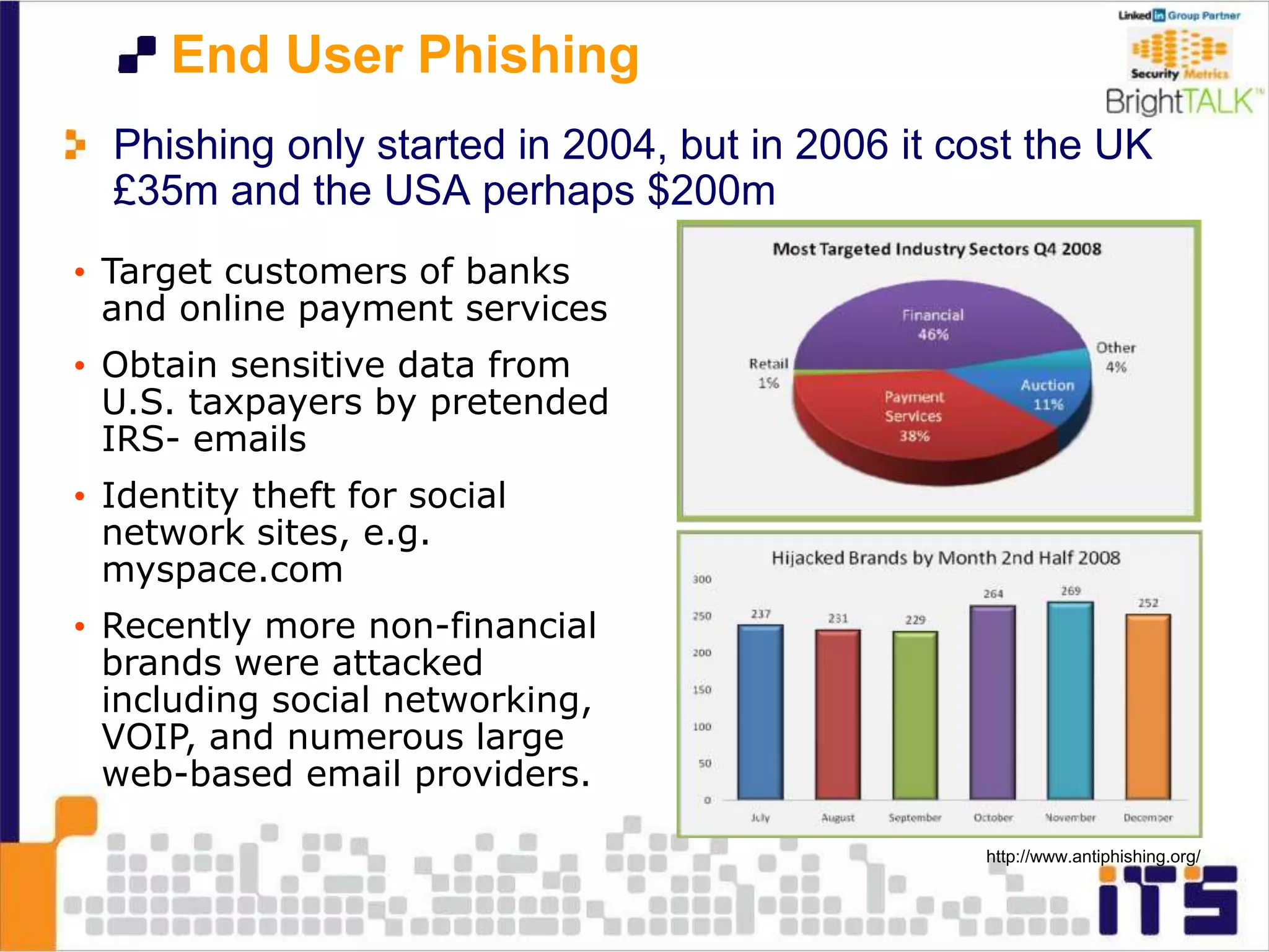 End User Phishing
http://www.antiphishing.org/
• Target customers of banks
and online payment services
• Obtain sensitive data from
U.S. taxpayers by pretended
IRS- emails
• Identity theft for social
network sites, e.g.
myspace.com
• Recently more non-financial
brands were attacked
including social networking,
VOIP, and numerous large
web-based email providers.
Phishing only started in 2004, but in 2006 it cost the UK
£35m and the USA perhaps $200m
 