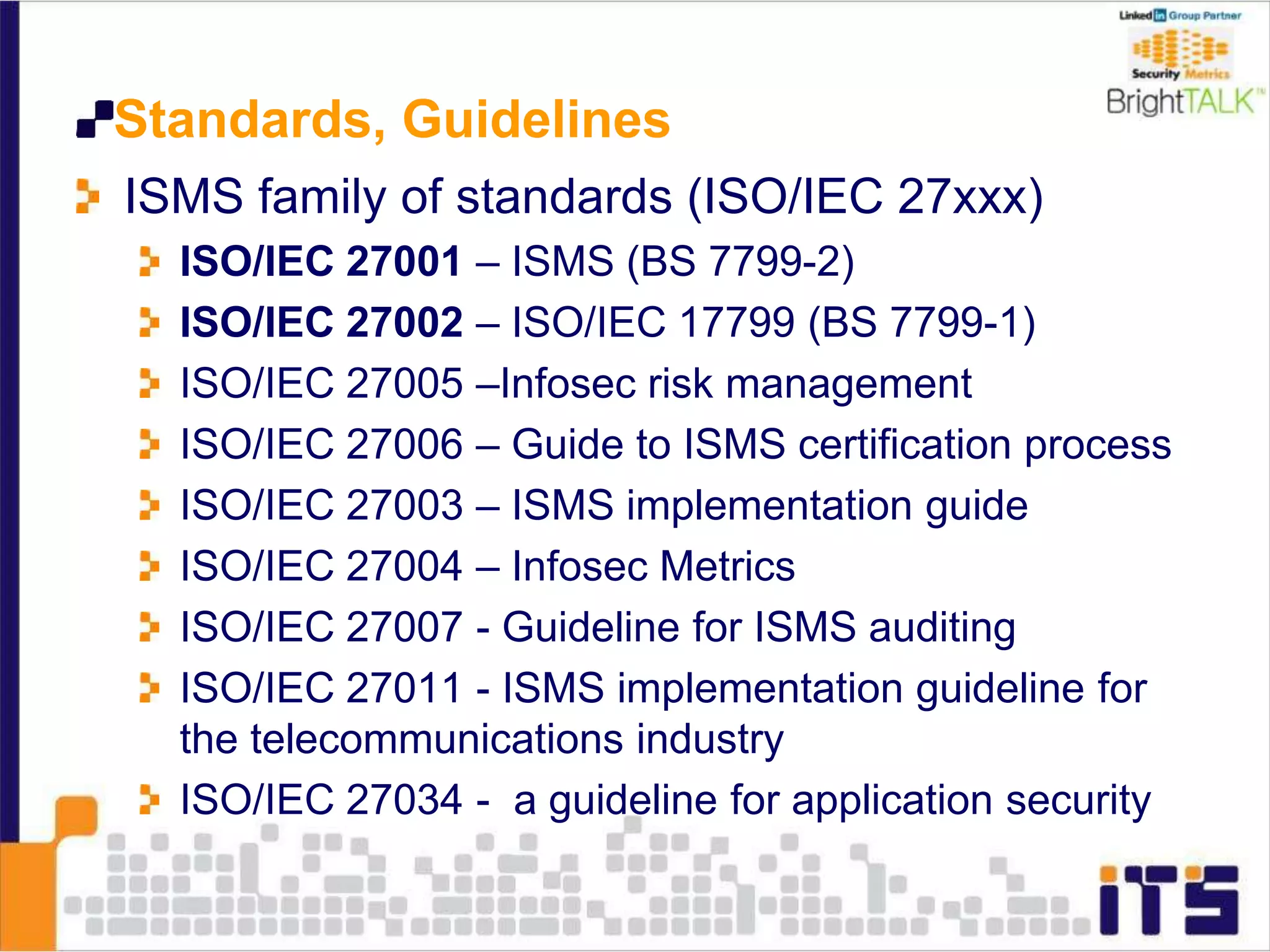 Standards, Guidelines
ISMS family of standards (ISO/IEC 27xxx)
ISO/IEC 27001 – ISMS (BS 7799-2)
ISO/IEC 27002 – ISO/IEC 17799 (BS 7799-1)
ISO/IEC 27005 –Infosec risk management
ISO/IEC 27006 – Guide to ISMS certification process
ISO/IEC 27003 – ISMS implementation guide
ISO/IEC 27004 – Infosec Metrics
ISO/IEC 27007 - Guideline for ISMS auditing
ISO/IEC 27011 - ISMS implementation guideline for
the telecommunications industry
ISO/IEC 27034 - a guideline for application security
 