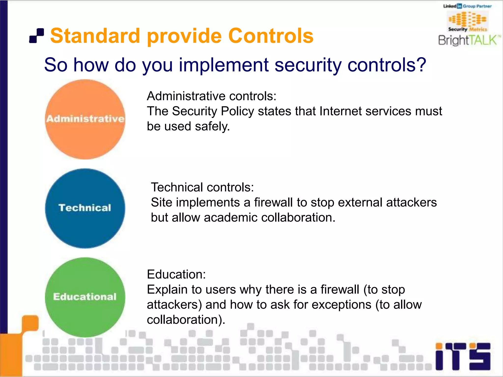 Standard provide Controls
So how do you implement security controls?
Technical controls:
Site implements a firewall to stop external attackers
but allow academic collaboration.
Education:
Explain to users why there is a firewall (to stop
attackers) and how to ask for exceptions (to allow
collaboration).
Administrative controls:
The Security Policy states that Internet services must
be used safely.
 