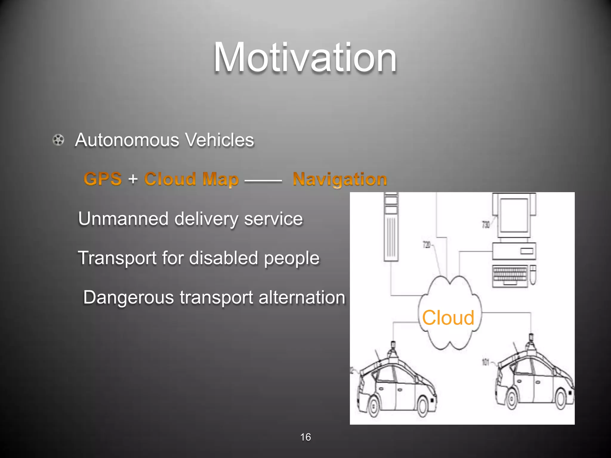 Motivation
Autonomous Vehicles

     +              ——

Unmanned delivery service

Transport for disabled people

Dangerous transport alternation
                                  Cloud




                          16
 