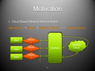 Motivation
Cloud Based Medical Service Robot

         +           +                



 User        Senso
               r
                                           Medical
             Senso            Interface     Cloud
 User          r

             Senso
 User          r



                         17
 
