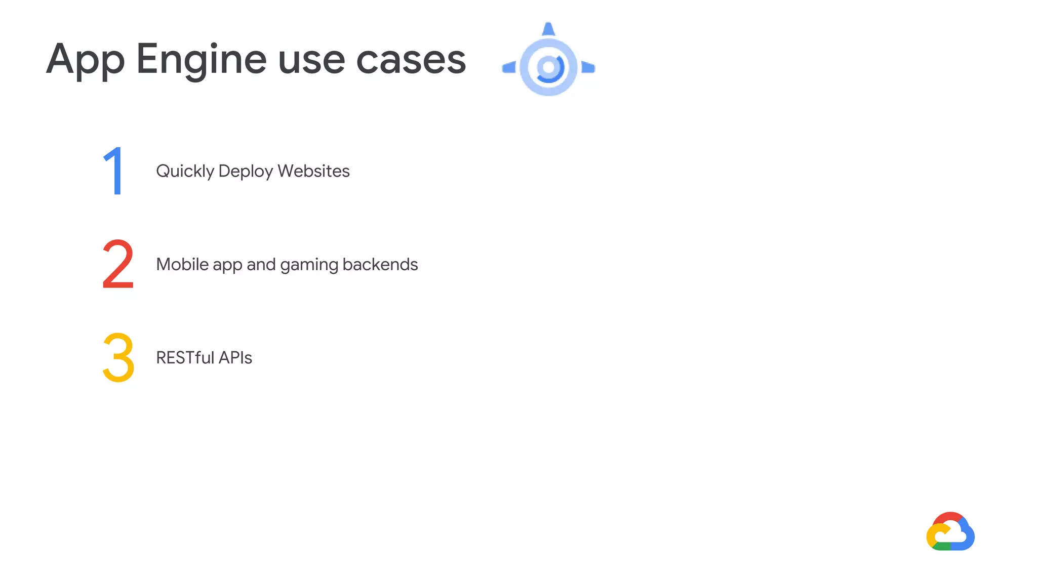 App Engine use cases
Mobile app and gaming backends
2
RESTful APIs
3
Quickly Deploy Websites
1
 