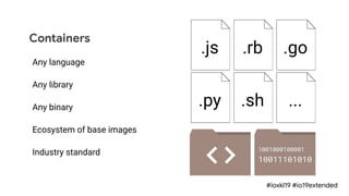 #ioxkl19 #io19extended
Containers
.js .rb .go
.sh.py ...
Any language
Any library
Any binary
Ecosystem of base images
Industry standard
 