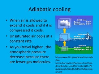 Adiabatic cooling
• When air is allowed to
  expand it cools and if it is
  compressed it cools.
• Unsaturated air cools at a
  constant rate.
• As you travel higher , the
  atmospheric pressure
  decrease because there         http://www.bio.georgiasouthern.edu
                                 /bio-
  are fewer gas molecules.       home/harvey/lect/lectures.html?cco
                                 de=el&mda=scrn&flnm=abel&ttl=Po
                                 pulations%20and%20their%20enviro
                                 nment
 
