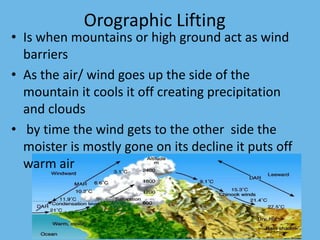 Orographic Lifting
• Is when mountains or high ground act as wind
  barriers
• As the air/ wind goes up the side of the
  mountain it cools it off creating precipitation
  and clouds
• by time the wind gets to the other side the
  moister is mostly gone on its decline it puts off
  warm air
 