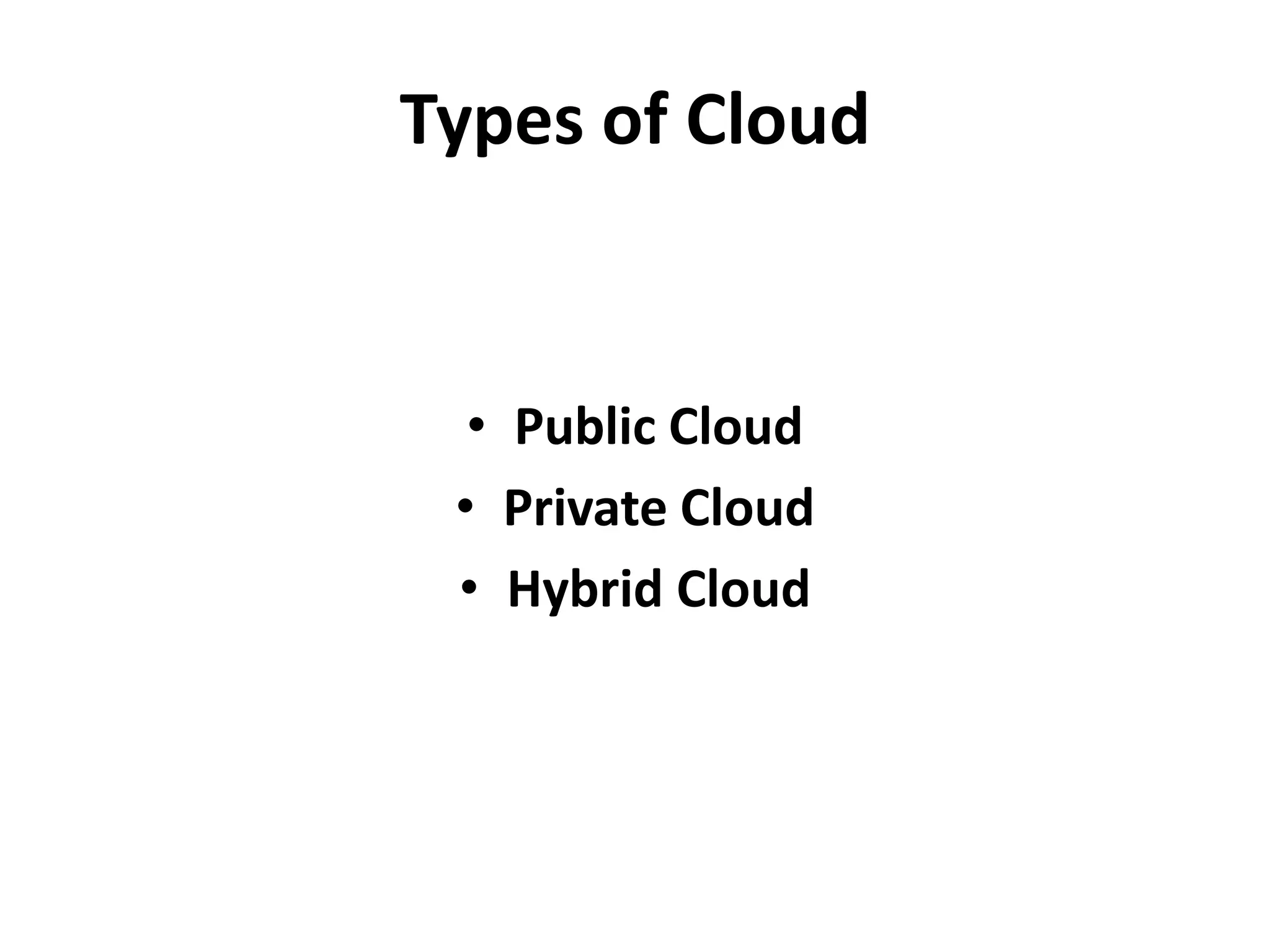 Types of Cloud


  • Public Cloud
 • Private Cloud
 • Hybrid Cloud
 