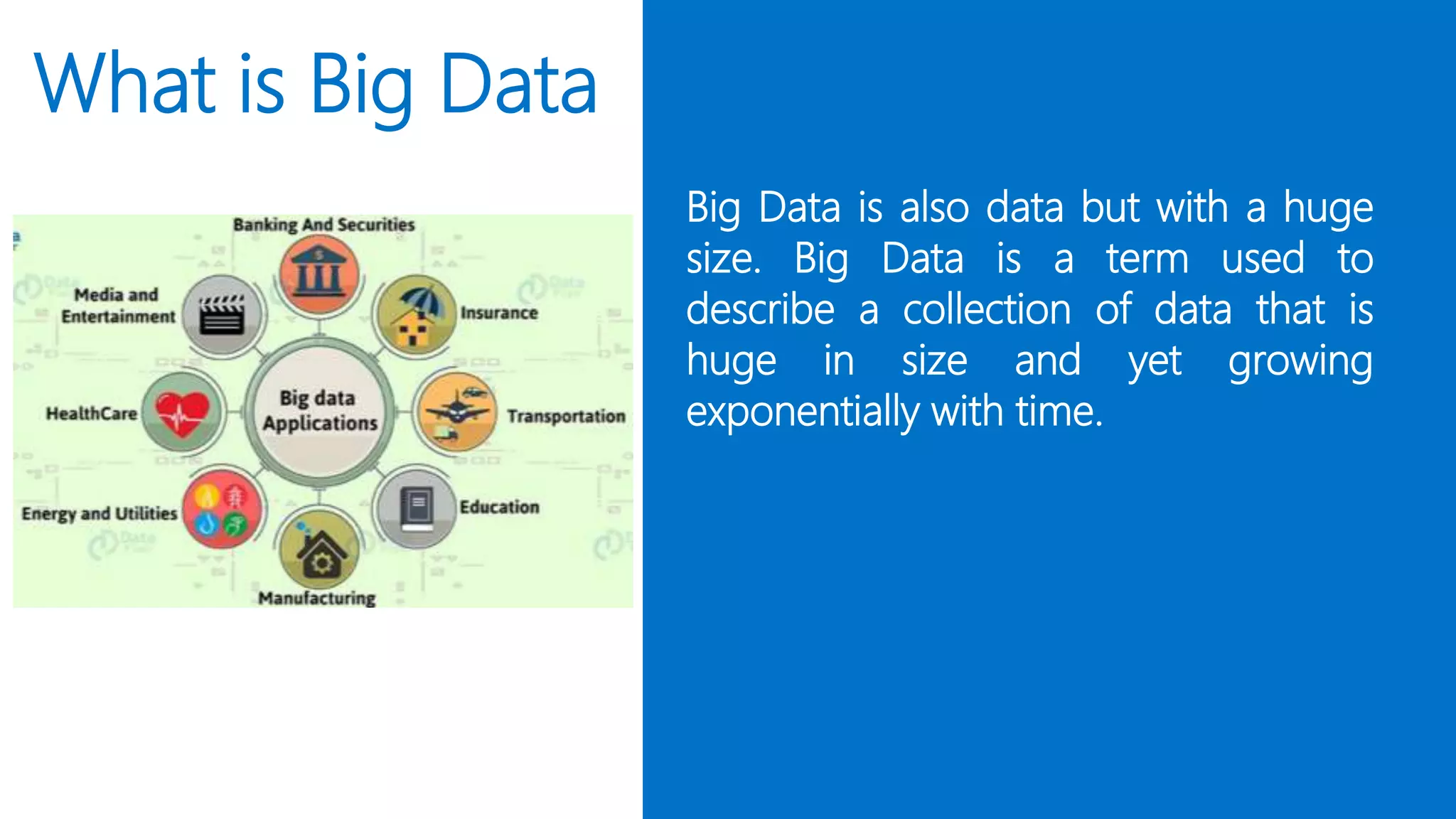 What is Big Data
Big Data is also data but with a huge
size. Big Data is a term used to
describe a collection of data that is
huge in size and yet growing
exponentially with time.
 