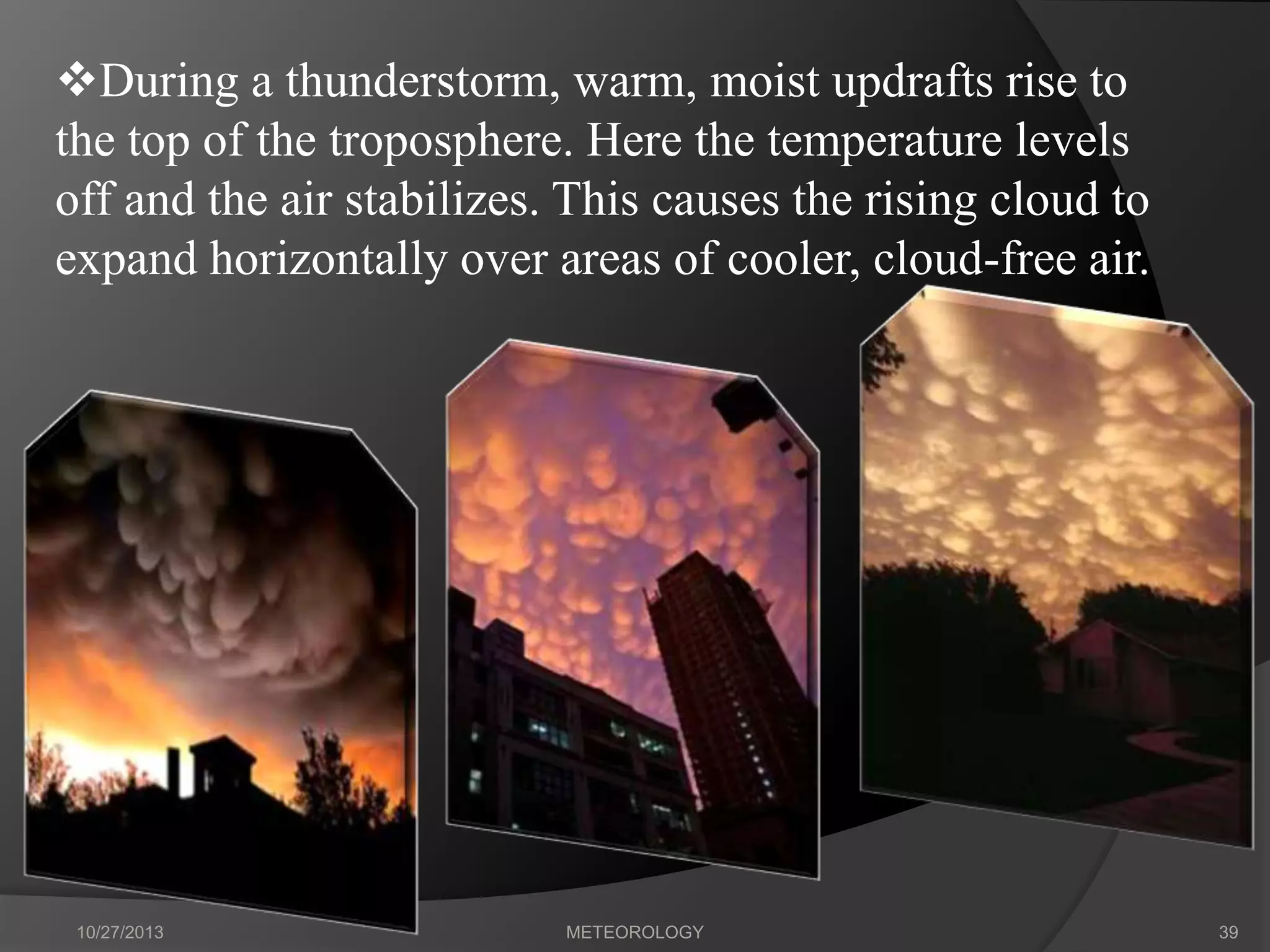 During a thunderstorm, warm, moist updrafts rise to
the top of the troposphere. Here the temperature levels
off and the air stabilizes. This causes the rising cloud to
expand horizontally over areas of cooler, cloud-free air.

10/27/2013

METEOROLOGY

39

 