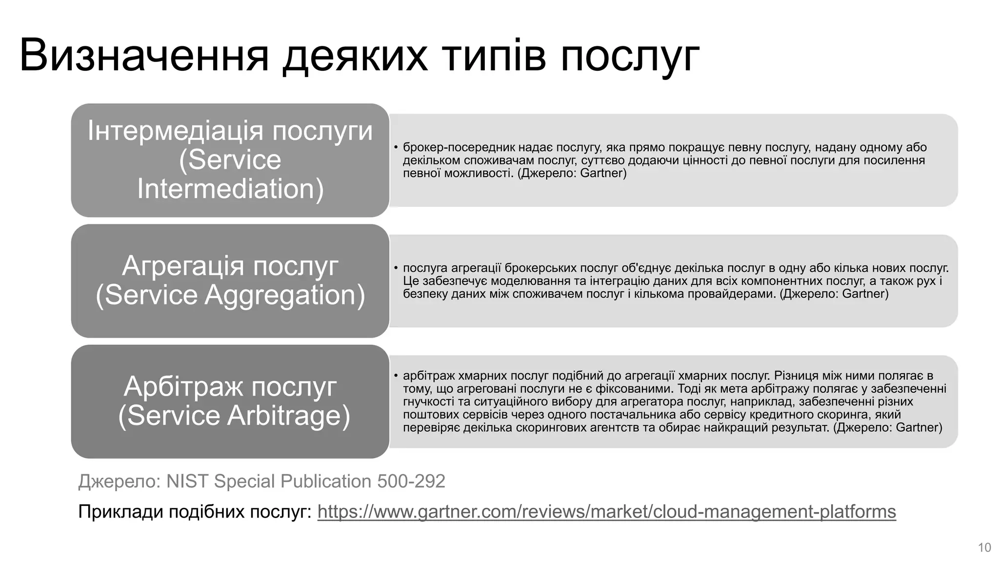 Визначення деяких типів послуг
• брокер-посередник надає послугу, яка прямо покращує певну послугу, надану одному або
декільком споживачам послуг, суттєво додаючи цінності до певної послуги для посилення
певної можливості. (Джерело: Gartner)
Інтермедіація послуги
(Service
Intermediation)
• послуга агрегації брокерських послуг об'єднує декілька послуг в одну або кілька нових послуг.
Це забезпечує моделювання та інтеграцію даних для всіх компонентних послуг, а також рух і
безпеку даних між споживачем послуг і кількома провайдерами. (Джерело: Gartner)
Агрегація послуг
(Service Aggregation)
• арбітраж хмарних послуг подібний до агрегації хмарних послуг. Різниця між ними полягає в
тому, що агреговані послуги не є фіксованими. Тоді як мета арбітражу полягає у забезпеченні
гнучкості та ситуаційного вибору для агрегатора послуг, наприклад, забезпеченні різних
поштових сервісів через одного постачальника або сервісу кредитного скоринга, який
перевіряє декілька скорингових агентств та обирає найкращий результат. (Джерело: Gartner)
Арбітраж послуг
(Service Arbitrage)
10
Джерело: NIST Special Publication 500-292
Приклади подібних послуг: https://www.gartner.com/reviews/market/cloud-management-platforms
 