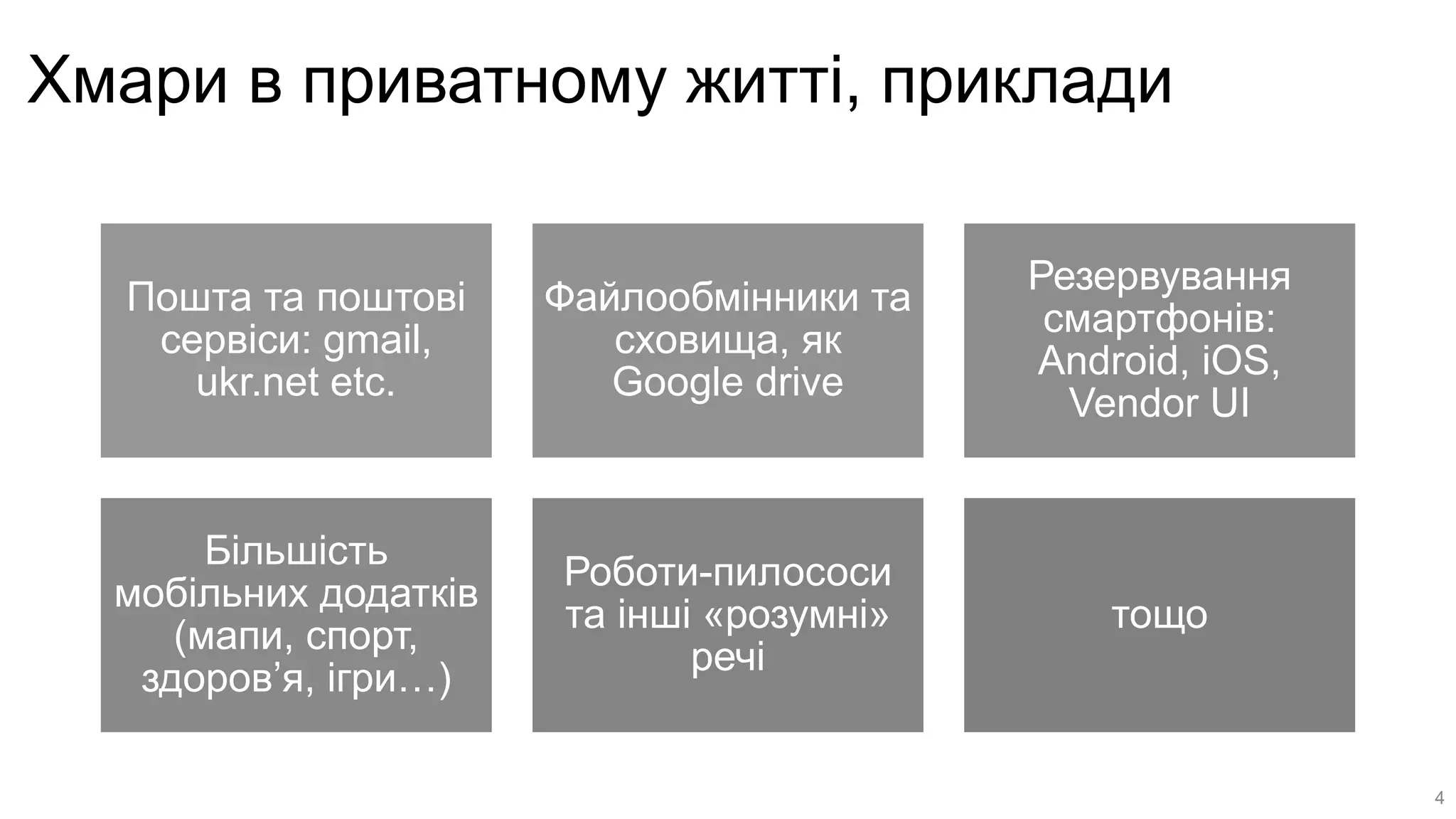 Хмари в приватному житті, приклади
Пошта та поштові
сервіси: gmail,
ukr.net etc.
Файлообмінники та
сховища, як
Google drive
Резервування
смартфонів:
Android, iOS,
Vendor UI
Більшість
мобільних додатків
(мапи, спорт,
здоров’я, ігри…)
Роботи-пилососи
та інші «розумні»
речі
тощо
4
 