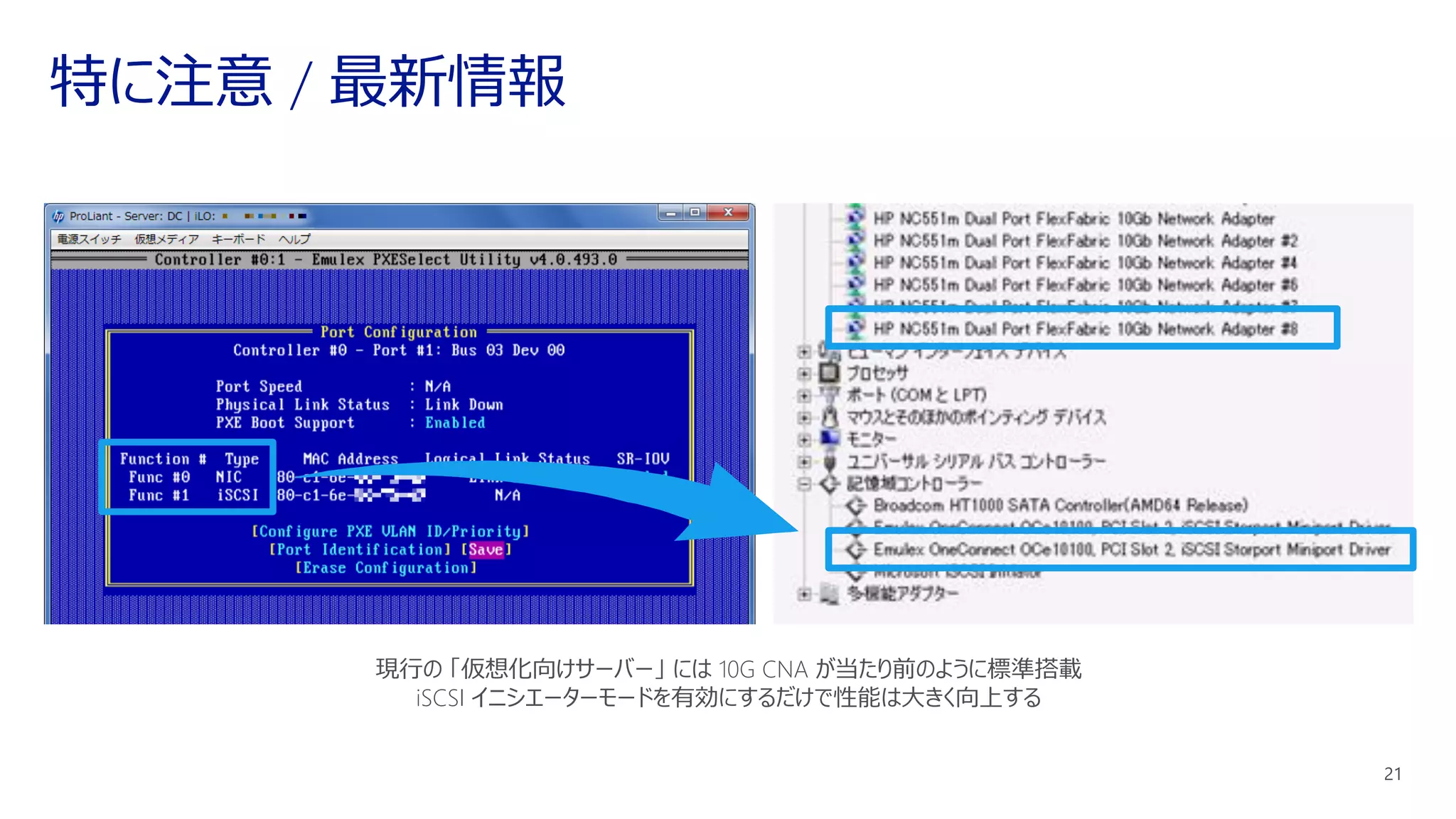 現行の 「仮想化向けサーバー」 には 10G CNA が当たり前のように標準搭載
iSCSI イニシエーターモードを有効にするだけで性能は大きく向上する
 