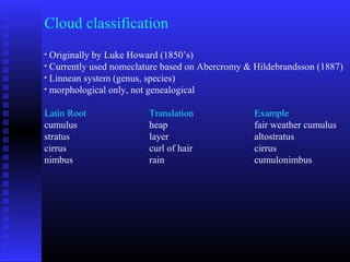 Cloud classification
• Originally by Luke Howard (1850’s)
• Currently used nomeclature based on Abercromy & Hildebrandsson (1887)
• Linnean system (genus, species)
• morphological only, not genealogical
Latin Root Translation Example
cumulus heap fair weather cumulus
stratus layer altostratus
cirrus curl of hair cirrus
nimbus rain cumulonimbus
 