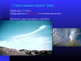 Cirrus uncinus (mares’ tails)
Height (km): 7-10 km+
Falling light snow [fallstreaks], not reaching the ground.
distorted by upper-tropospheric wind shear.
 