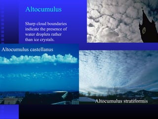 Altocumulus
Altocumulus castellanus
Altocumulus stratiformis
Sharp cloud boundaries
indicate the presence of
water droplets rather
than ice crystals.
 