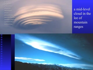a mid-level
cloud in the
lee of
mountain
ranges
cirruscirrus
cirrostratuscirrostratus
cirrocumuluscirrocumulus
altostratusaltostratus
altocumulusaltocumulus
stratusstratus
stratocumulusstratocumulus
cumulus humiliscumulus humilis
cumulus congestuscumulus congestus
cumulonimbuscumulonimbus
nimbostratusnimbostratus
 
