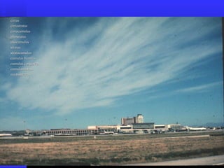 cirruscirrus
cirrostratuscirrostratus
cirrocumuluscirrocumulus
altostratusaltostratus
altocumulusaltocumulus
stratusstratus
stratocumulusstratocumulus
cumulus humiliscumulus humilis
cumulus congestuscumulus congestus
cumulonimbuscumulonimbus
nimbostratusnimbostratus
 