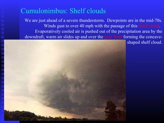 Cumulonimbus: Shelf clouds
We are just ahead of a severe thunderstorm. Dewpoints are in the mid-70s.
Winds gust to over 40 mph with the passage of this shelf cloud.
Evaporatively cooled air is pushed out of the precipitation area by the
downdraft, warm air slides up and over the gust front forming the concave-
shaped shelf cloud.
 