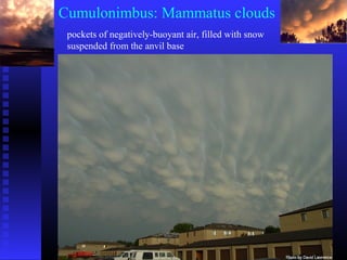 Cumulonimbus: Mammatus clouds
pockets of negatively-buoyant air, filled with snow
suspended from the anvil base
 