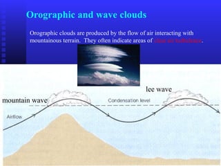 Orographic and wave clouds
Orographic clouds are produced by the flow of air interacting with
mountainous terrain. They often indicate areas of clear air turbulence.
mountain wave
lee wave
 