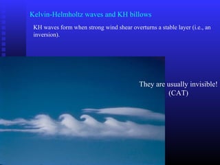 Kelvin-Helmholtz waves and KH billows
KH waves form when strong wind shear overturns a stable layer (i.e., an
inversion).
They are usually invisible!
(CAT)
 
