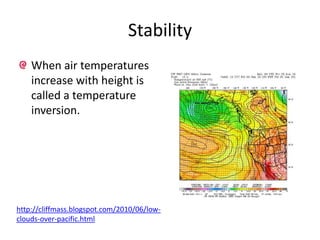 Stability
    When air temperatures
    increase with height is
    called a temperature
    inversion.




http://cliffmass.blogspot.com/2010/06/low-
clouds-over-pacific.html
 