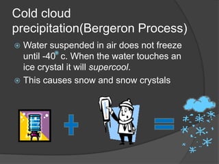 Cold cloud
precipitation(Bergeron Process)
 Water suspended in air does not freeze
  until -40 c. When the water touches an
  ice crystal it will supercool.
 This causes snow and snow crystals
 