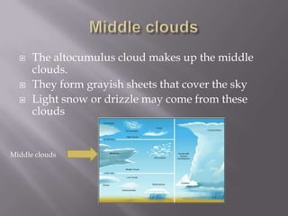    The altocumulus cloud makes up the middle
      clouds.
     They form grayish sheets that cover the sky
     Light snow or drizzle may come from these
      clouds


Middle clouds
 