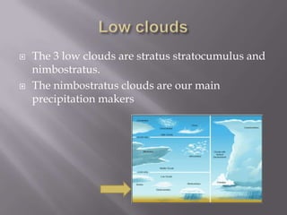    The 3 low clouds are stratus stratocumulus and
    nimbostratus.
   The nimbostratus clouds are our main
    precipitation makers
 