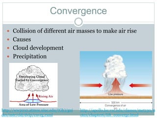 Convergence
 Collision of different air masses to make air rise
 Causes
 Cloud development
 Precipitation
http://apollo.lsc.vsc.edu/classes/met130/n
otes/chapter6/lift_converge.html
http://ww2010.atmos.uiuc.edu/(Gh)/gui
des/mtr/cld/dvlp/cnvrg.rxml
 