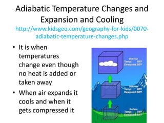 Adiabatic Temperature Changes and
Expansion and Cooling
http://www.kidsgeo.com/geography-for-kids/0070-
adiabatic-temperature-changes.php
• It is when
temperatures
change even though
no heat is added or
taken away
• When air expands it
cools and when it
gets compressed it
 