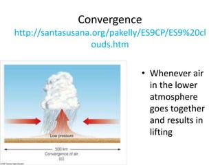 Convergence
http://santasusana.org/pakelly/ES9CP/ES9%20cl
ouds.htm
• Whenever air
in the lower
atmosphere
goes together
and results in
lifting
 