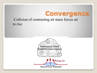 Convergence
•Collision of contrasting air mass forces air
to rise
 