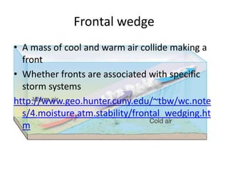 Frontal wedge
• A mass of cool and warm air collide making a
  front
• Whether fronts are associated with specific
  storm systems
http://www.geo.hunter.cuny.edu/~tbw/wc.note
  s/4.moisture.atm.stability/frontal_wedging.ht
  m
 