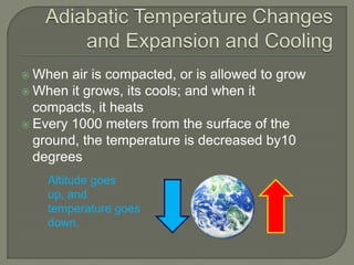  When  air is compacted, or is allowed to grow
 When it grows, its cools; and when it
  compacts, it heats
 Every 1000 meters from the surface of the
  ground, the temperature is decreased by10
  degrees
    Altitude goes
    up, and
    temperature goes
    down.
 