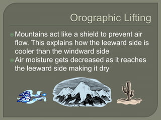  Mountains   act like a shield to prevent air
  flow. This explains how the leeward side is
  cooler than the windward side
 Air moisture gets decreased as it reaches
  the leeward side making it dry
 
