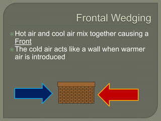  Hot  air and cool air mix together causing a
  Front
 The cold air acts like a wall when warmer
  air is introduced
 
