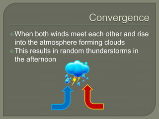  When   both winds meet each other and rise
  into the atmosphere forming clouds
 This results in random thunderstorms in
  the afternoon
 