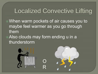  When   warm pockets of air causes you to
  maybe feel warmer as you go through
  them
 Also clouds may form ending u in a
  thunderstorm



                  O
                  R
 