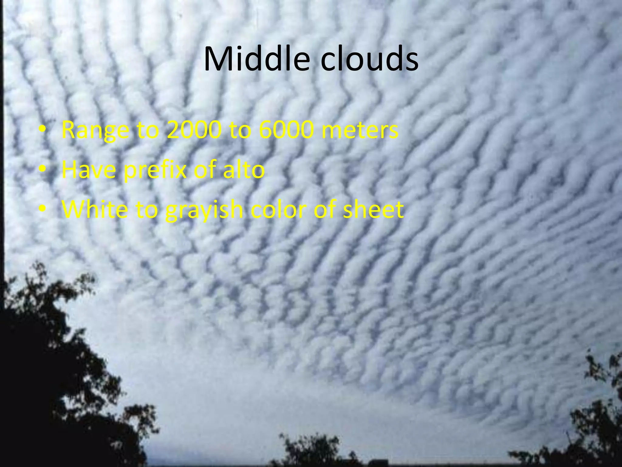 Middle clouds
• Range to 2000 to 6000 meters
• Have prefix of alto
• White to grayish color of sheet
 