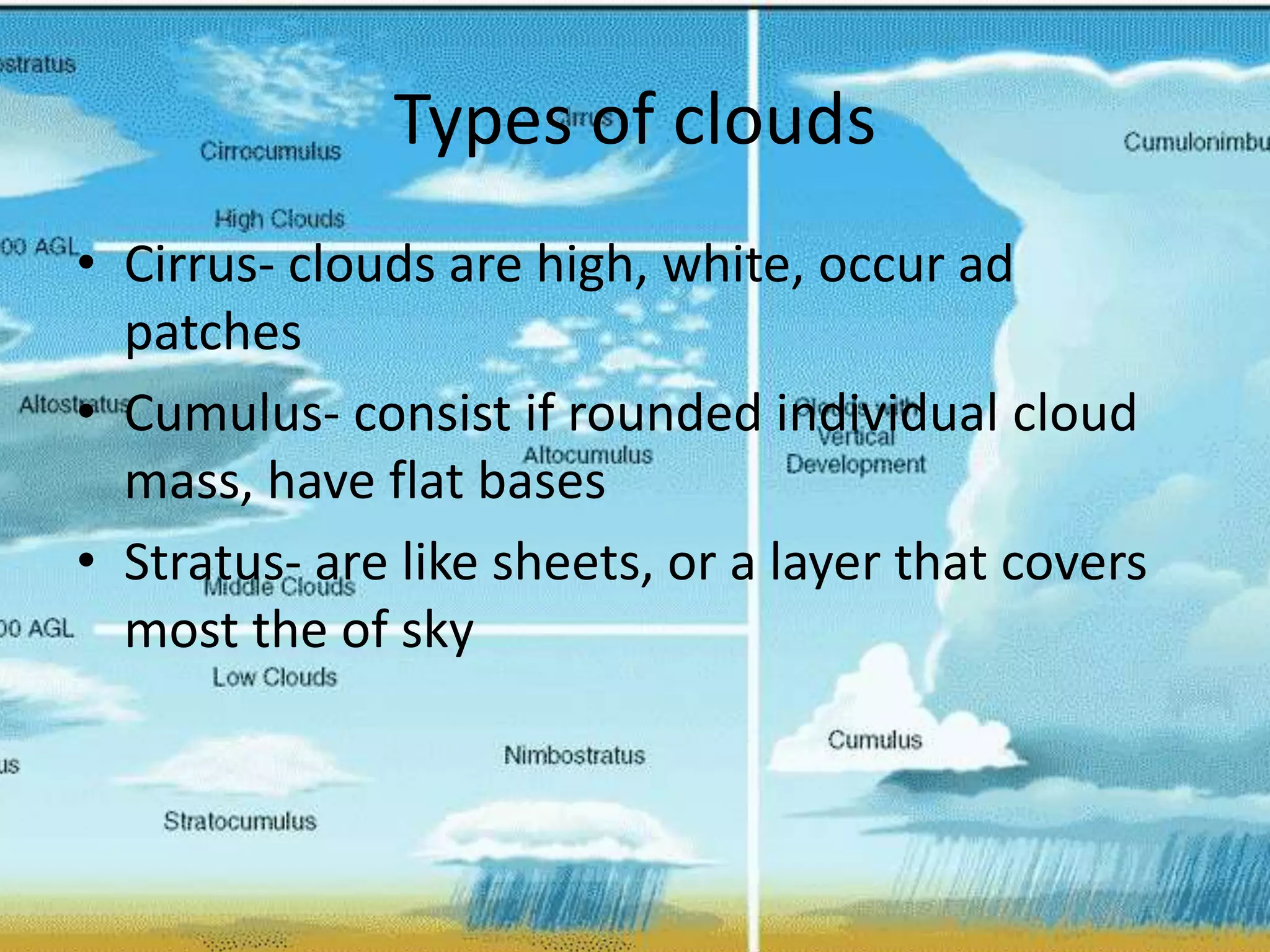 Types of clouds
• Cirrus- clouds are high, white, occur ad
  patches
• Cumulus- consist if rounded individual cloud
  mass, have flat bases
• Stratus- are like sheets, or a layer that covers
  most the of sky
 