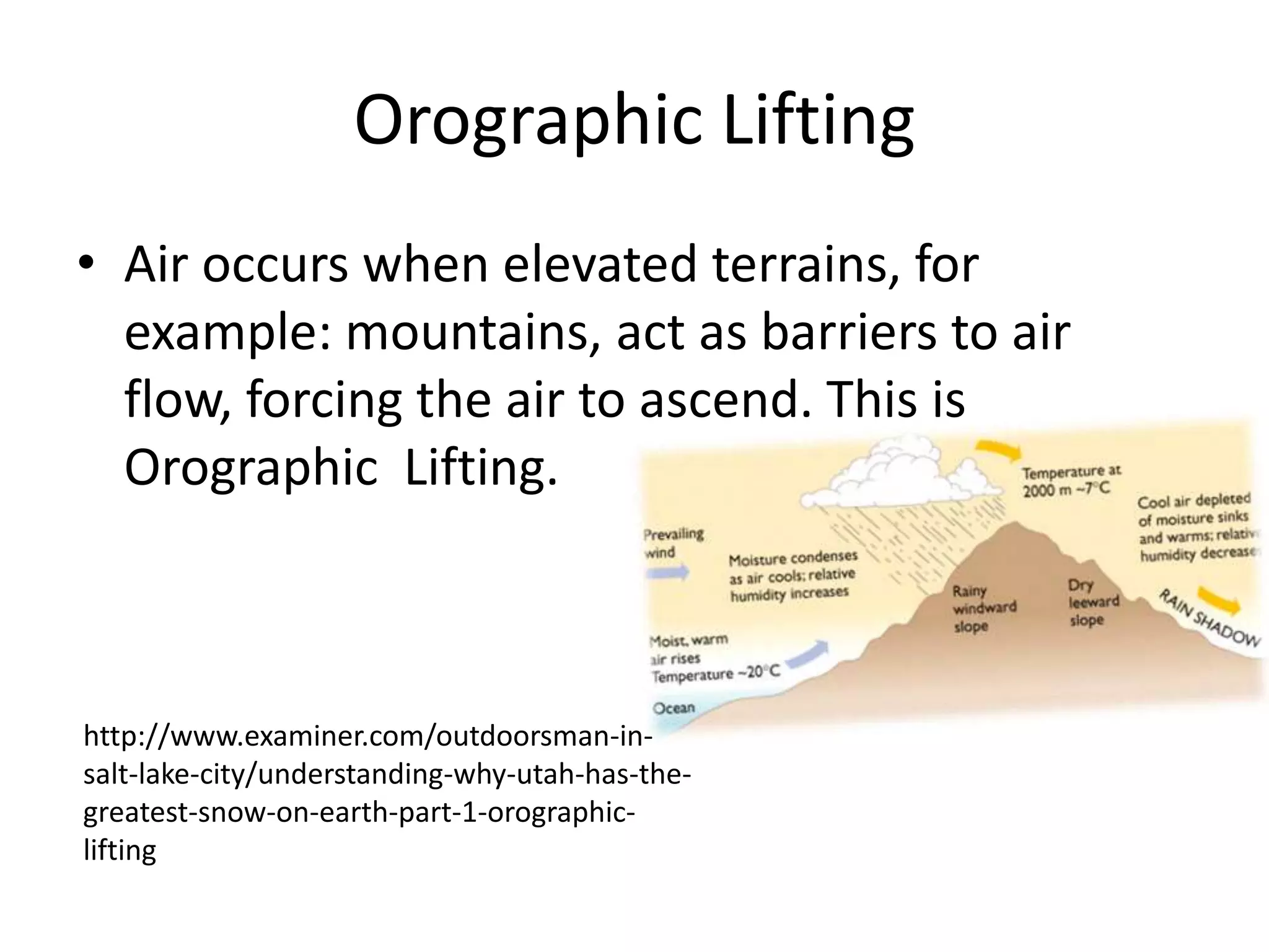 Orographic Lifting
• Air occurs when elevated terrains, for
  example: mountains, act as barriers to air
  flow, forcing the air to ascend. This is
  Orographic Lifting.



http://www.examiner.com/outdoorsman-in-
salt-lake-city/understanding-why-utah-has-the-
greatest-snow-on-earth-part-1-orographic-
lifting
 