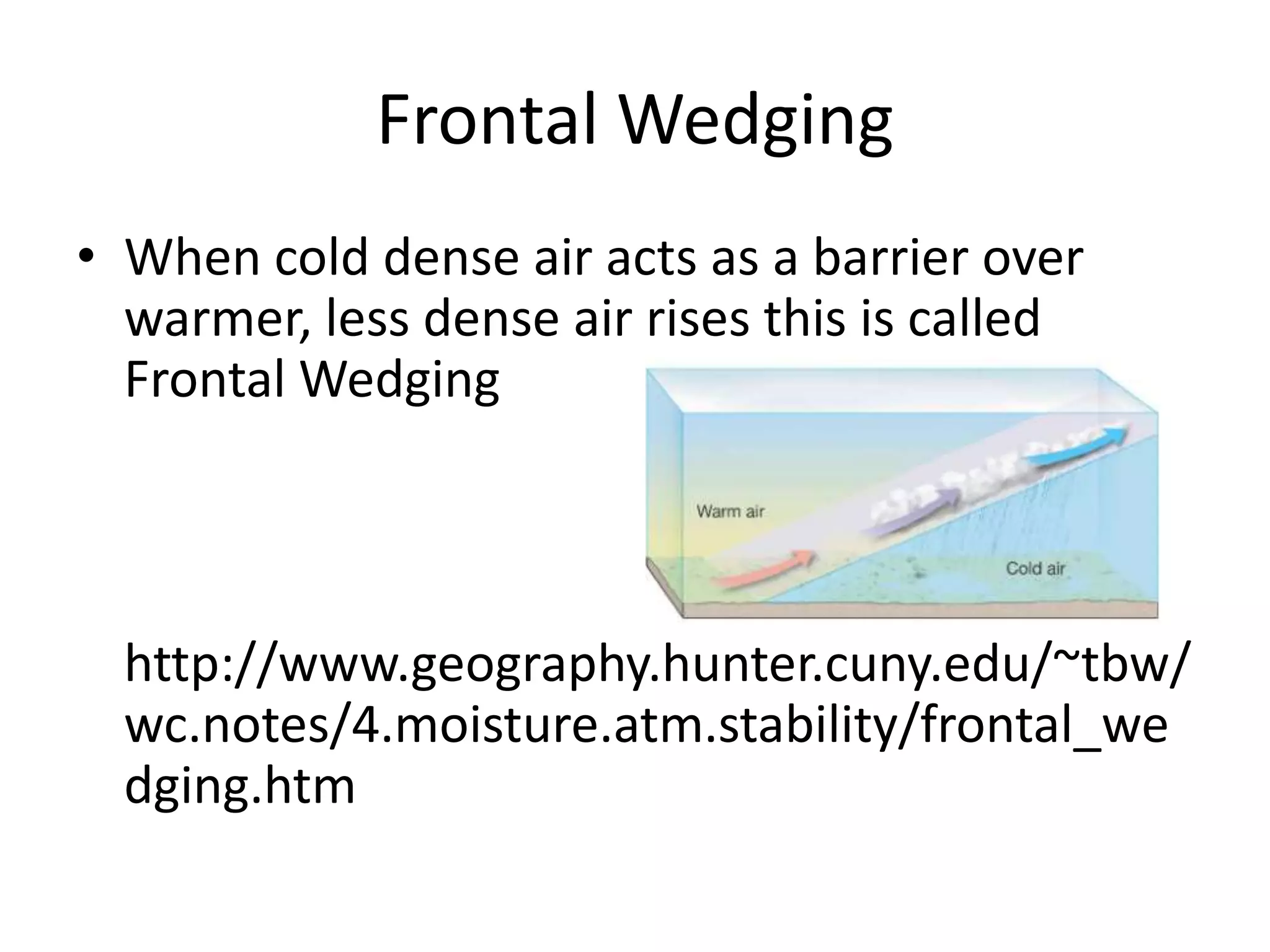 Frontal Wedging
• When cold dense air acts as a barrier over
  warmer, less dense air rises this is called
  Frontal Wedging




  http://www.geography.hunter.cuny.edu/~tbw/
  wc.notes/4.moisture.atm.stability/frontal_we
  dging.htm
 