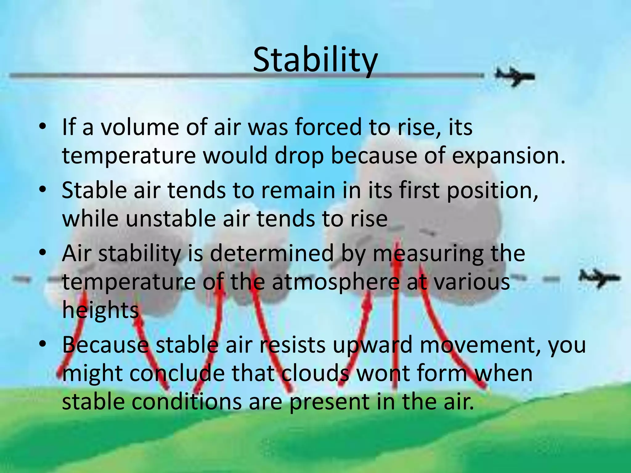 Stability
• If a volume of air was forced to rise, its
  temperature would drop because of expansion.
• Stable air tends to remain in its first position,
  while unstable air tends to rise
• Air stability is determined by measuring the
  temperature of the atmosphere at various
  heights
• Because stable air resists upward movement, you
  might conclude that clouds wont form when
  stable conditions are present in the air.
 