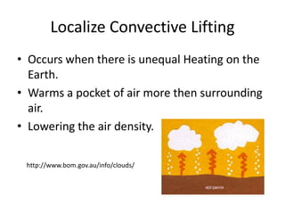 Localize Convective Lifting
• Occurs when there is unequal Heating on the
  Earth.
• Warms a pocket of air more then surrounding
  air.
• Lowering the air density.

 http://www.bom.gov.au/info/clouds/
 
