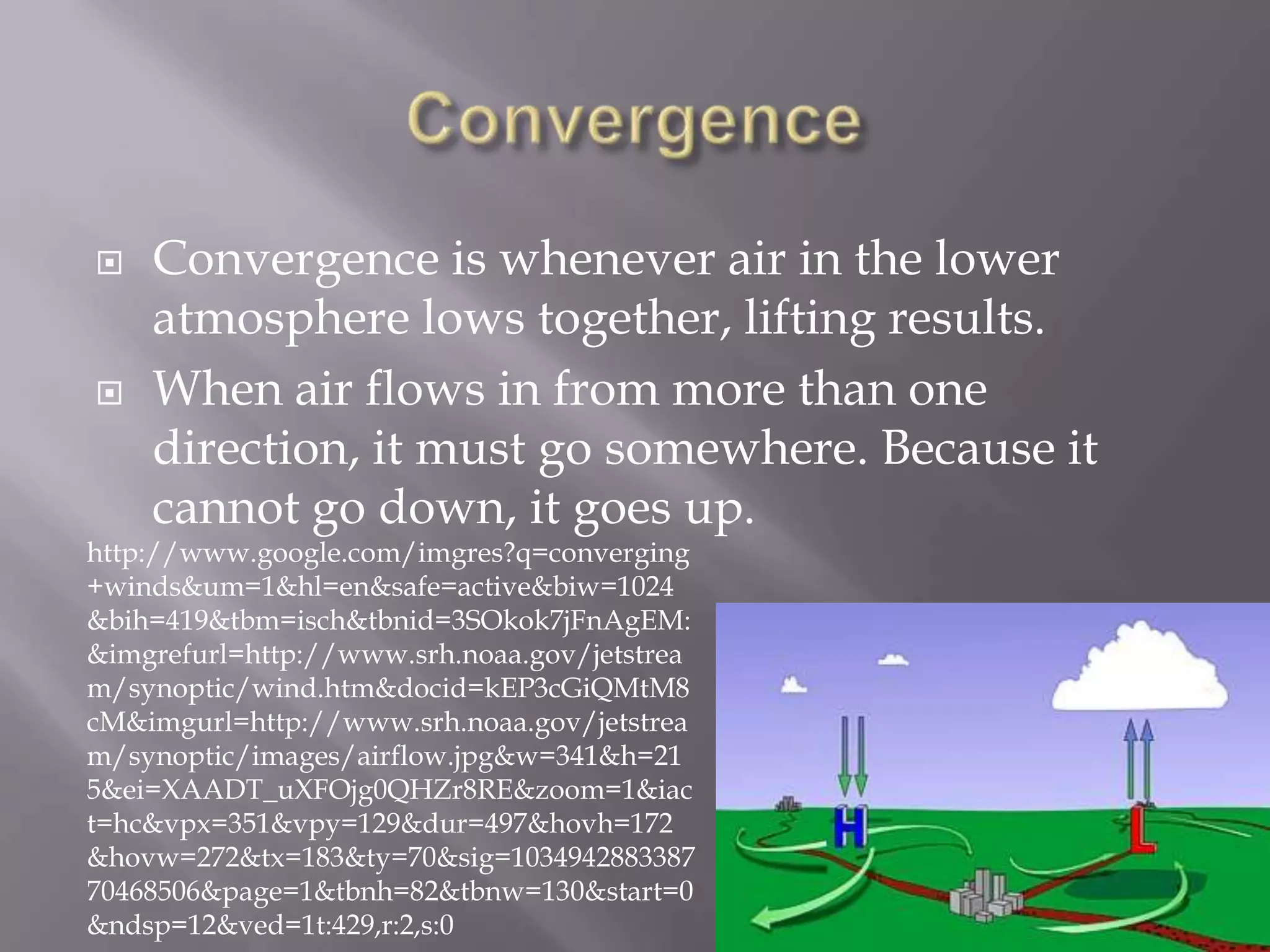    Convergence is whenever air in the lower
    atmosphere lows together, lifting results.
   When air flows in from more than one
    direction, it must go somewhere. Because it
    cannot go down, it goes up.
http://www.google.com/imgres?q=converging
+winds&um=1&hl=en&safe=active&biw=1024
&bih=419&tbm=isch&tbnid=3SOkok7jFnAgEM:
&imgrefurl=http://www.srh.noaa.gov/jetstrea
m/synoptic/wind.htm&docid=kEP3cGiQMtM8
cM&imgurl=http://www.srh.noaa.gov/jetstrea
m/synoptic/images/airflow.jpg&w=341&h=21
5&ei=XAADT_uXFOjg0QHZr8RE&zoom=1&iac
t=hc&vpx=351&vpy=129&dur=497&hovh=172
&hovw=272&tx=183&ty=70&sig=1034942883387
70468506&page=1&tbnh=82&tbnw=130&start=0
&ndsp=12&ved=1t:429,r:2,s:0
 