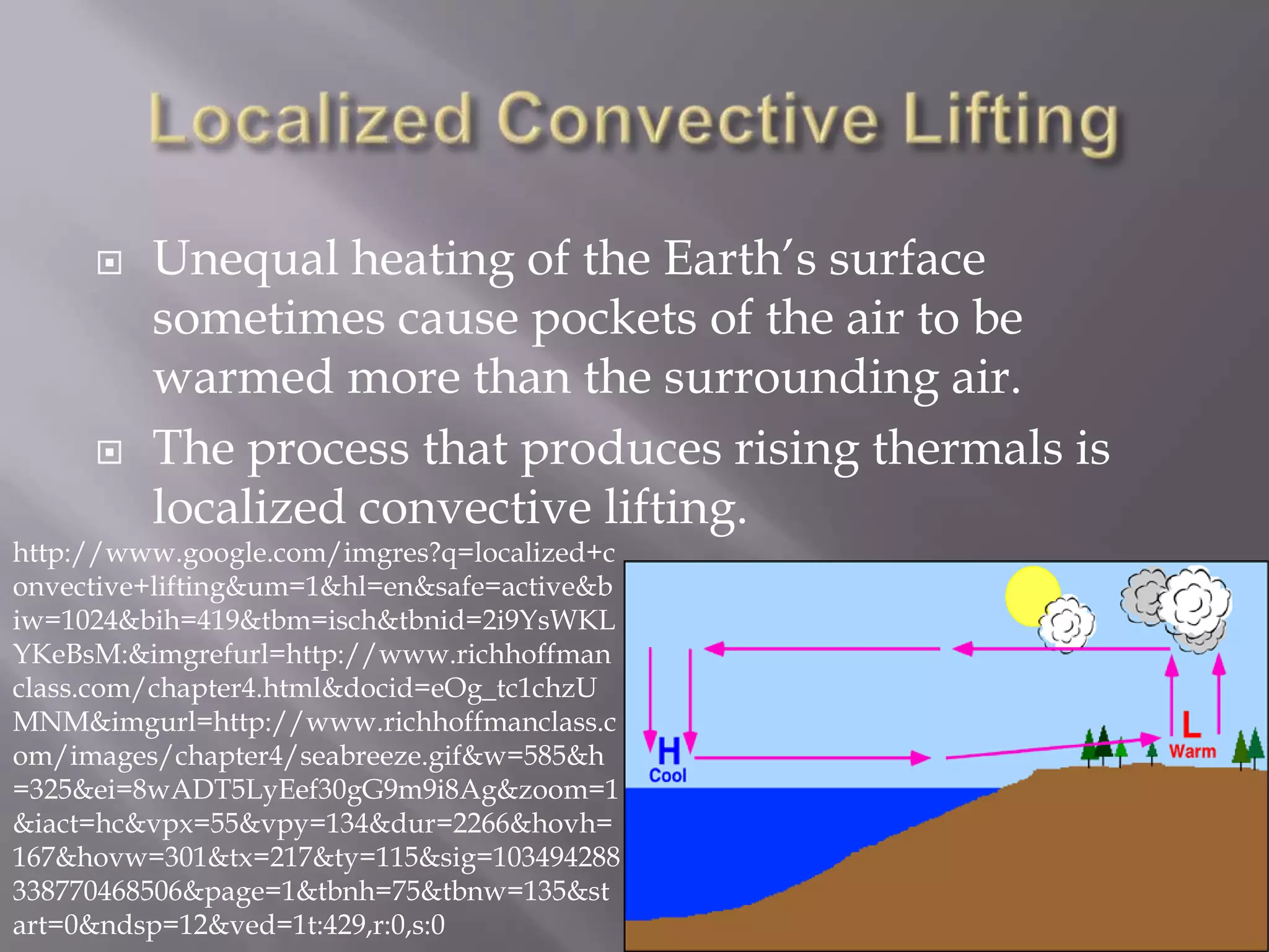    Unequal heating of the Earth’s surface
         sometimes cause pockets of the air to be
         warmed more than the surrounding air.
        The process that produces rising thermals is
         localized convective lifting.
http://www.google.com/imgres?q=localized+c
onvective+lifting&um=1&hl=en&safe=active&b
iw=1024&bih=419&tbm=isch&tbnid=2i9YsWKL
YKeBsM:&imgrefurl=http://www.richhoffman
class.com/chapter4.html&docid=eOg_tc1chzU
MNM&imgurl=http://www.richhoffmanclass.c
om/images/chapter4/seabreeze.gif&w=585&h
=325&ei=8wADT5LyEef30gG9m9i8Ag&zoom=1
&iact=hc&vpx=55&vpy=134&dur=2266&hovh=
167&hovw=301&tx=217&ty=115&sig=103494288
338770468506&page=1&tbnh=75&tbnw=135&st
art=0&ndsp=12&ved=1t:429,r:0,s:0
 