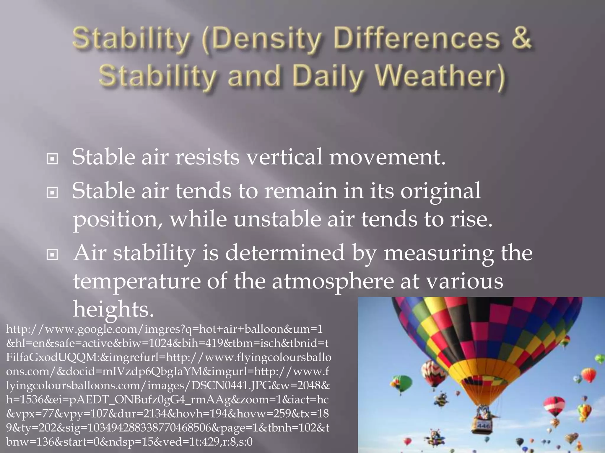     Stable air resists vertical movement.
          Stable air tends to remain in its original
           position, while unstable air tends to rise.
          Air stability is determined by measuring the
           temperature of the atmosphere at various
           heights.
http://www.google.com/imgres?q=hot+air+balloon&um=1
&hl=en&safe=active&biw=1024&bih=419&tbm=isch&tbnid=t
FilfaGxodUQQM:&imgrefurl=http://www.flyingcoloursballo
ons.com/&docid=mIVzdp6QbgIaYM&imgurl=http://www.f
lyingcoloursballoons.com/images/DSCN0441.JPG&w=2048&
h=1536&ei=pAEDT_ONBufz0gG4_rmAAg&zoom=1&iact=hc
&vpx=77&vpy=107&dur=2134&hovh=194&hovw=259&tx=18
9&ty=202&sig=103494288338770468506&page=1&tbnh=102&t
bnw=136&start=0&ndsp=15&ved=1t:429,r:8,s:0
 